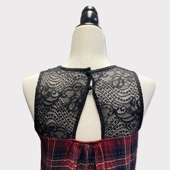 WEARHOUSE ONE | Women's Red and Black Plaid Tank Top with Lace - Picture 3 of 5